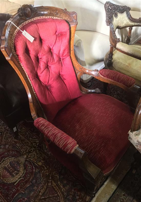 19C Continental carved walnut open armchair